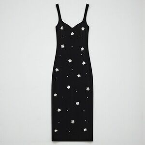 Zara Black Floral Embellished Midi Dress | Daisy Detail | Size Small | NWT |Rare